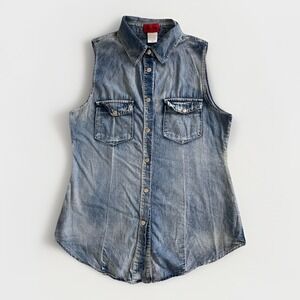 Red Tulips Medium Acid Wash Denim Vest Vintage Grunge Y2K Sleeveless Streetwear